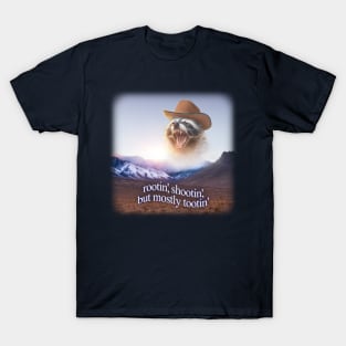 rootin shootin but mostly tootin cowboy raccoon word art T-Shirt